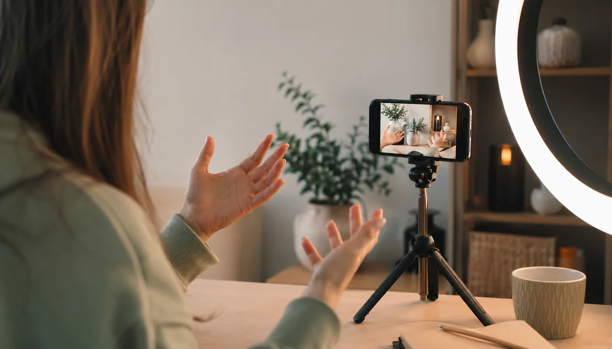 Création de contenu vidéo avec ring light et smartphone monté sur trépied