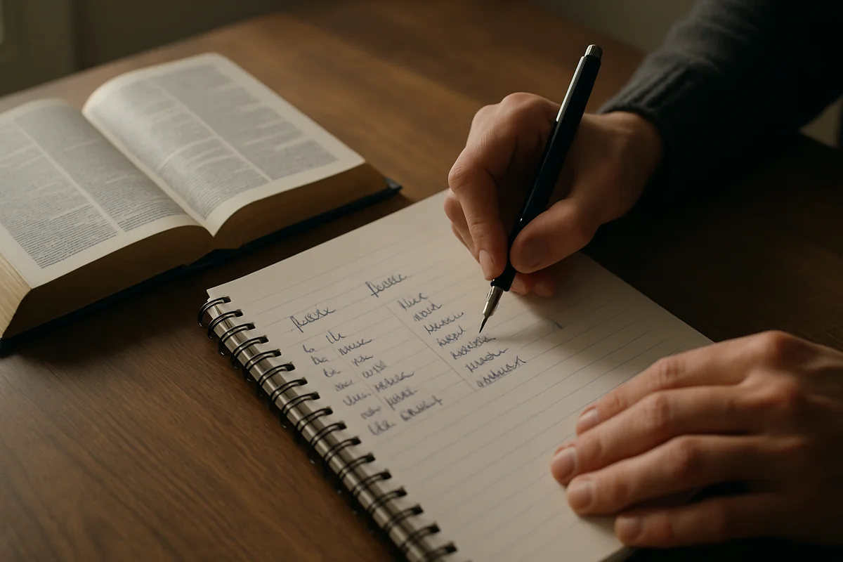 Cahier d'exercices de français avec stylo et dictionnaire ouvert