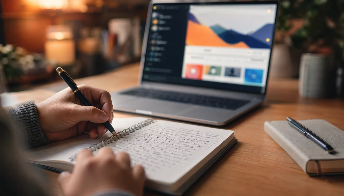 Mains prenant des notes avec laptop en arrière-plan