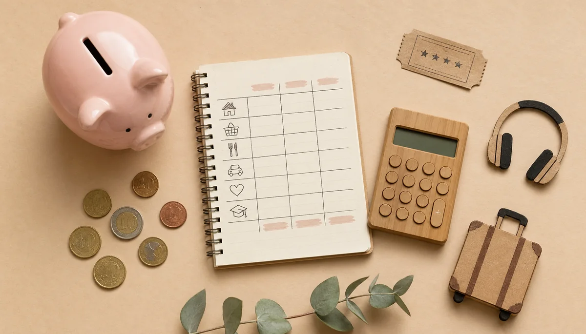Tirelire et calculatrice avec icônes loisirs sur fond beige