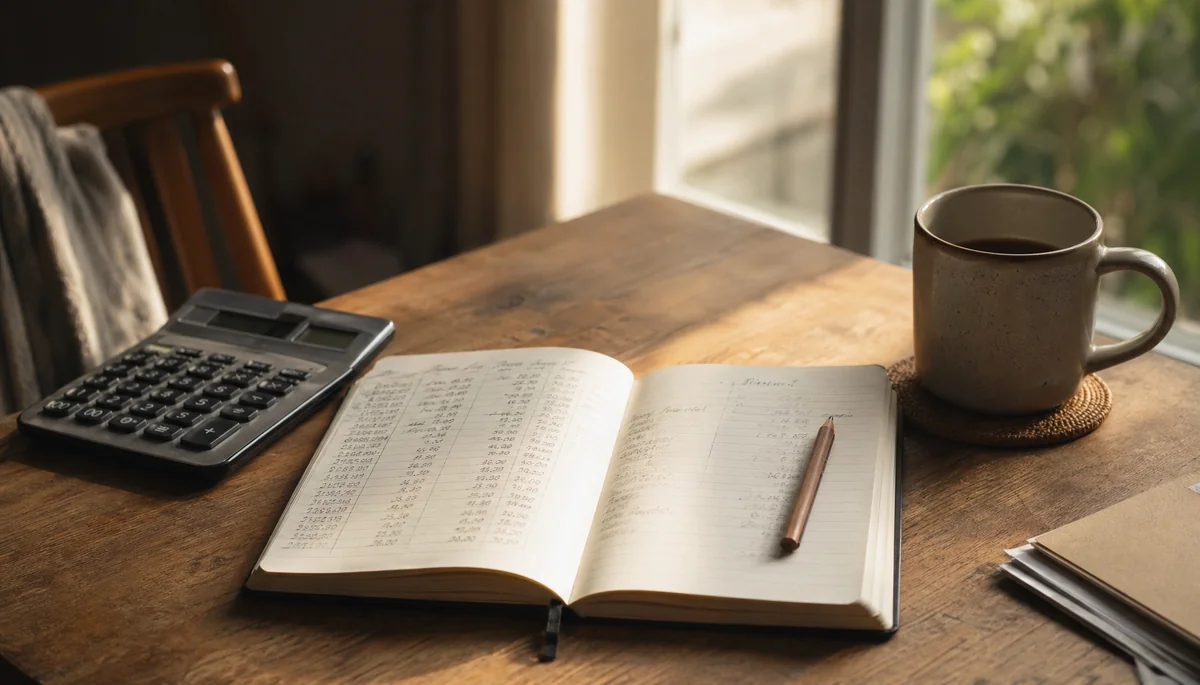 Pot transparent avec pièces et journal de budget manuscrit
