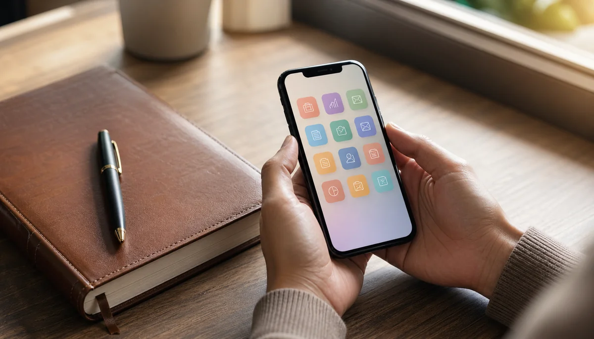 Smartphone avec icônes pastel et carnet en cuir