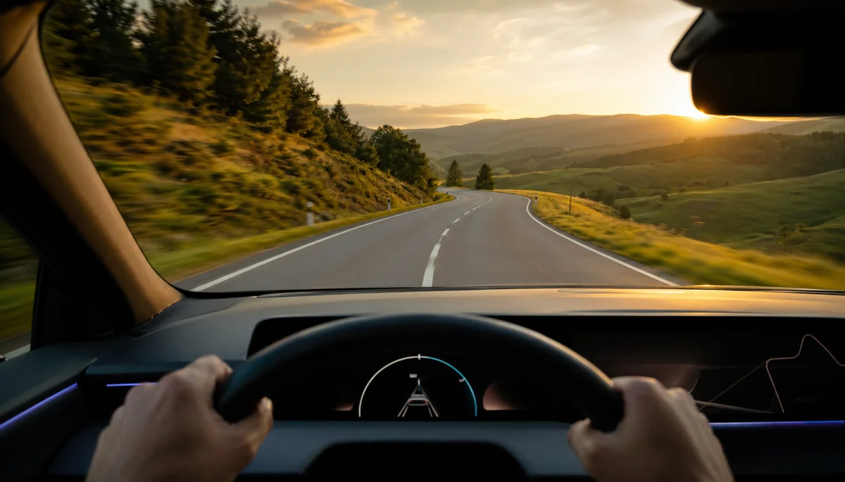Vue intérieure d'une voiture électrique sur route de campagne au coucher du soleil