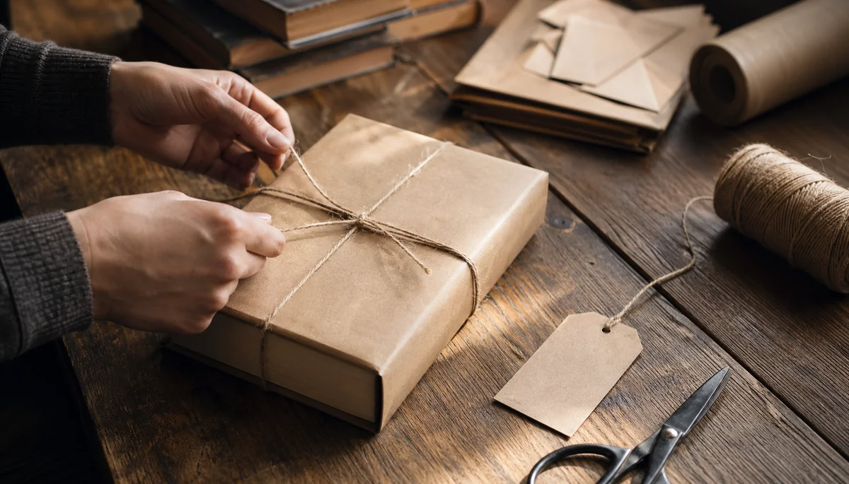 Mains emballant un livre dans du papier kraft
