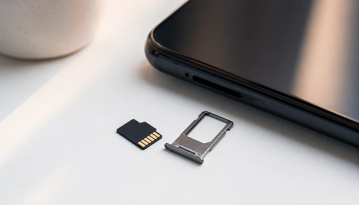 Carte microSD à côté d'un smartphone sur bureau blanc