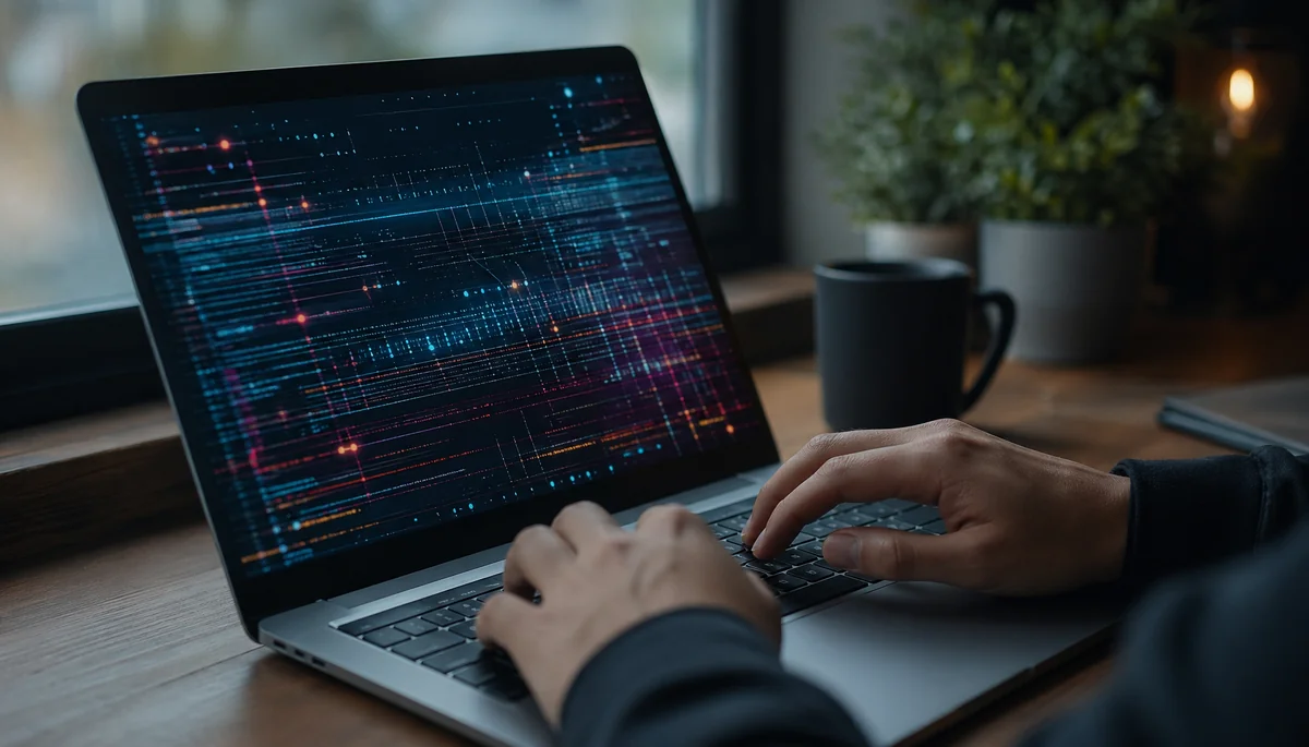 Mains tapant sur clavier avec patterns colorés à l'écran