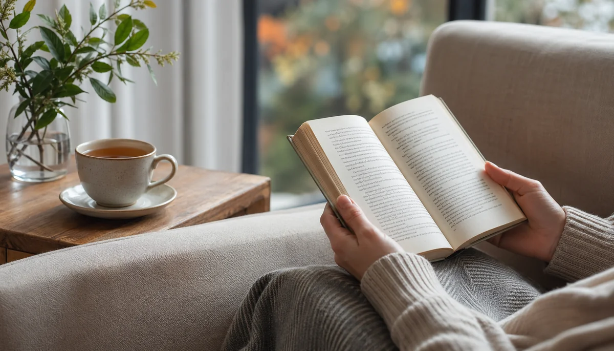 Mains tenant un livre ouvert sur un canapé beige