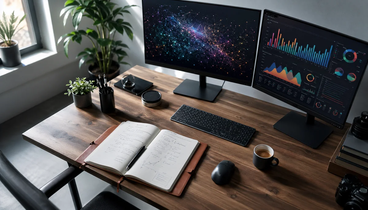 Workspace tech moderne avec écrans affichant des graphiques de données