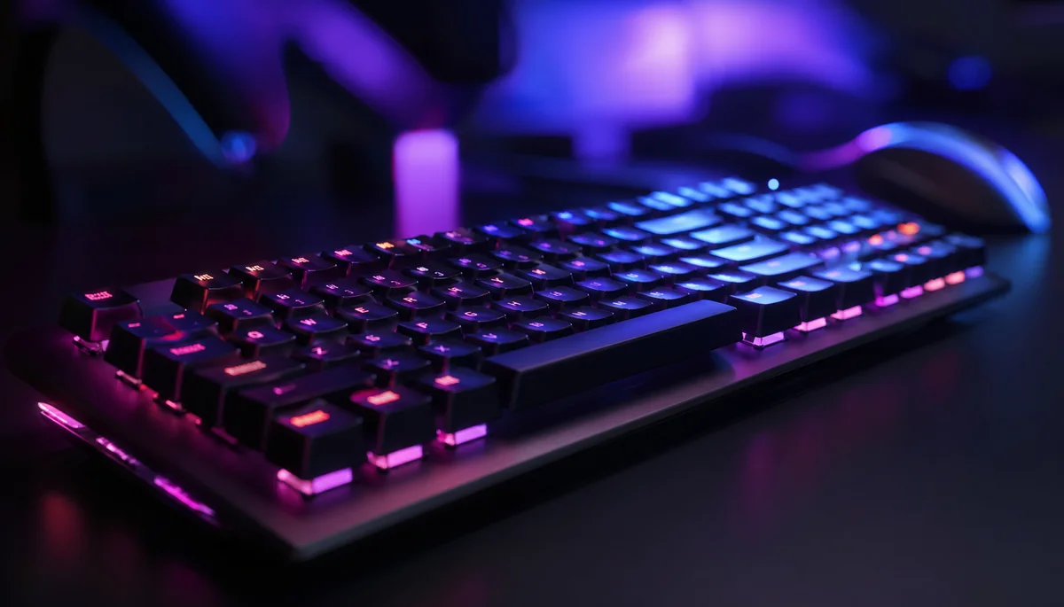 Clavier gaming RGB éclairé violet et bleu