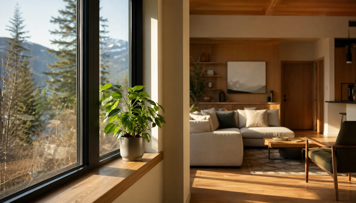 Fenêtre moderne avec rayons de soleil traversant un salon contemporain