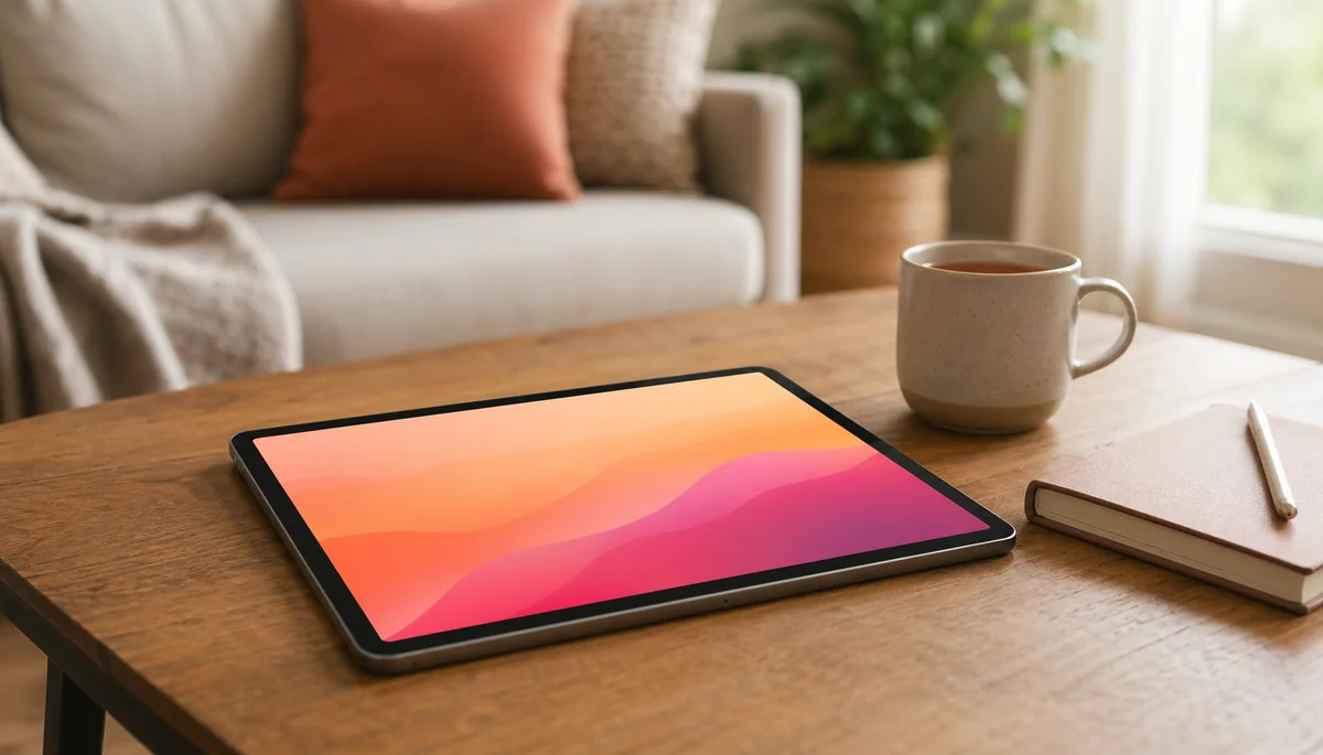 Tablette posée sur table avec interface colorée et café