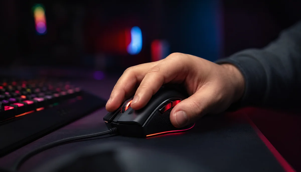 Main sur souris gaming RGB en pleine action
