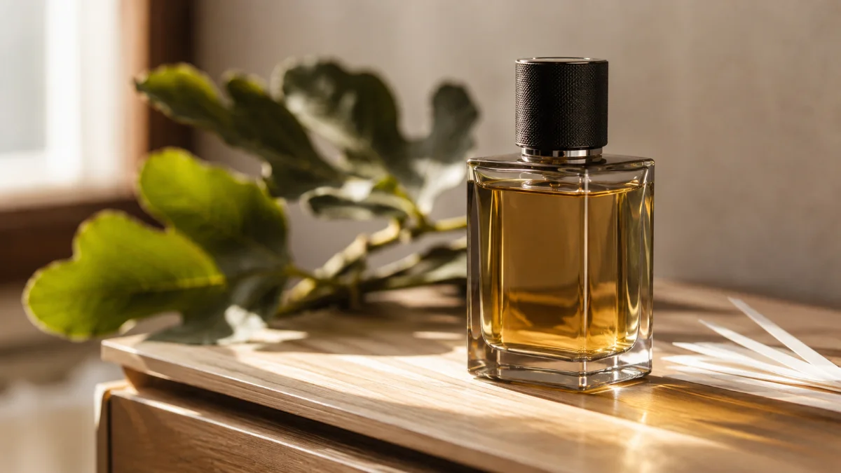 Flacons de parfum musc homme posés sur une table en bois, ambiance chaleureuse