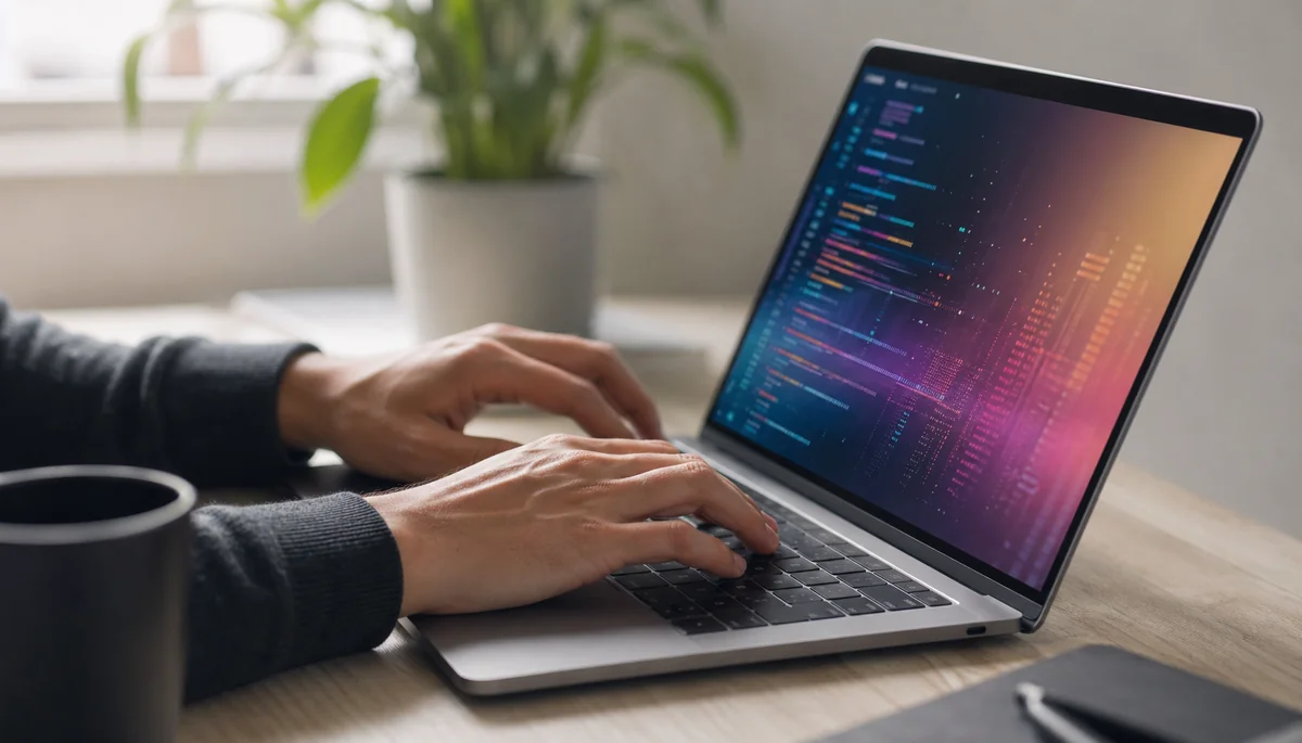 Mains tapant sur clavier laptop avec interface web colorée