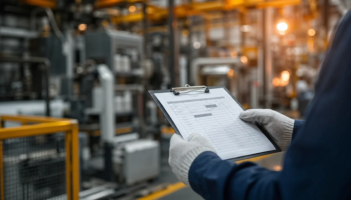 Mains gantées tenant une checklist en environnement industriel