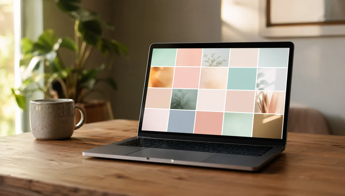 Laptop affichant une grille de vignettes pastel sur bureau bois
